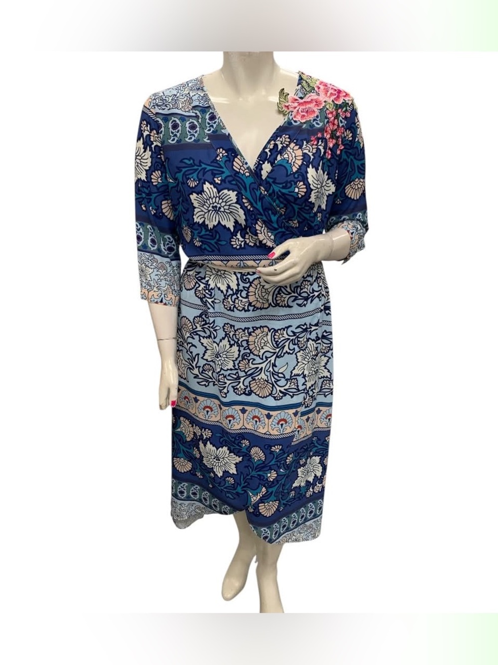 Aratta Silent Journey Navy Floral Wrap-Style Midi Dress Size Xl